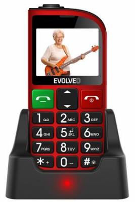 Evolveo EasyPhone FM, mobilní telefon pro seniory s nabíjecím stojánkem, červený