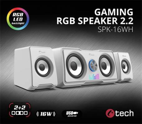 C-TECH reproduktory SPK-16, 2.2, 16W, RGB podsvícení, 3,5mm jack, USB napájení, bílé