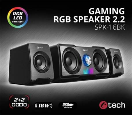 C-TECH reproduktory SPK-16, 2.2, 16W, RGB podsvícení, 3,5mm jack, USB napájení, černé