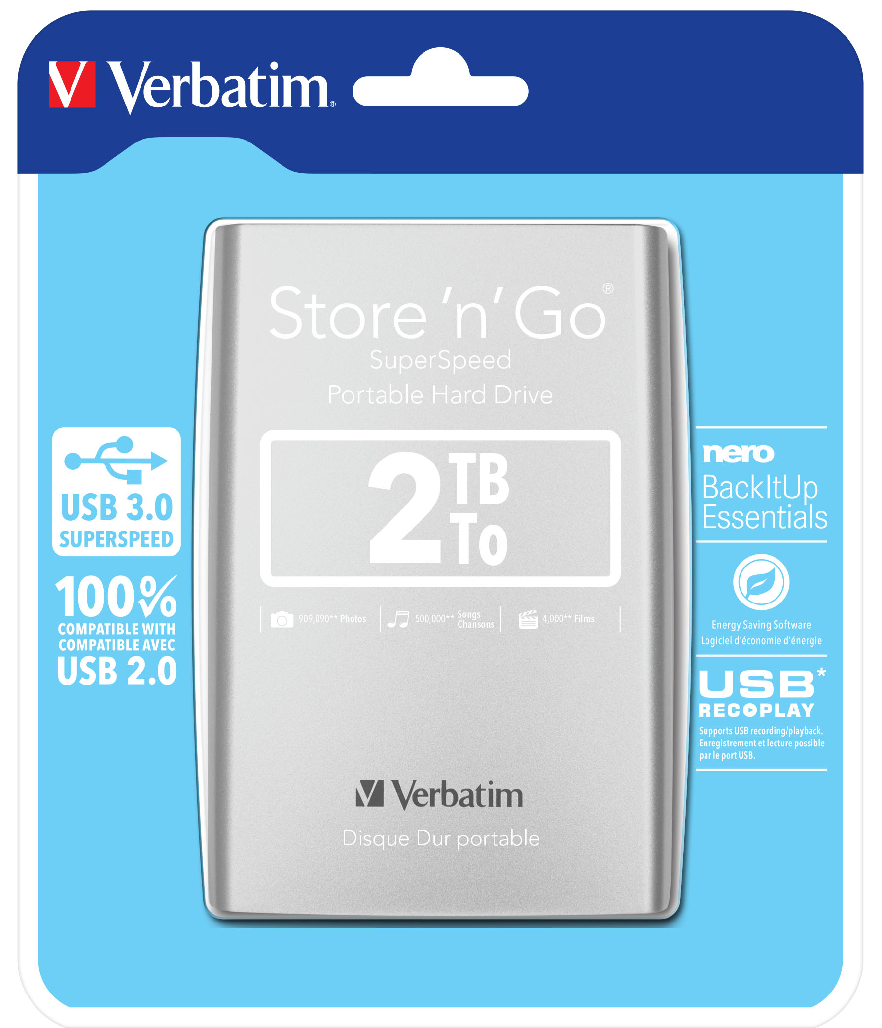 Verbatim Store´n´ Go 2TB, 2,5", USB 3.0, 53189, externí HDD, stříbrný